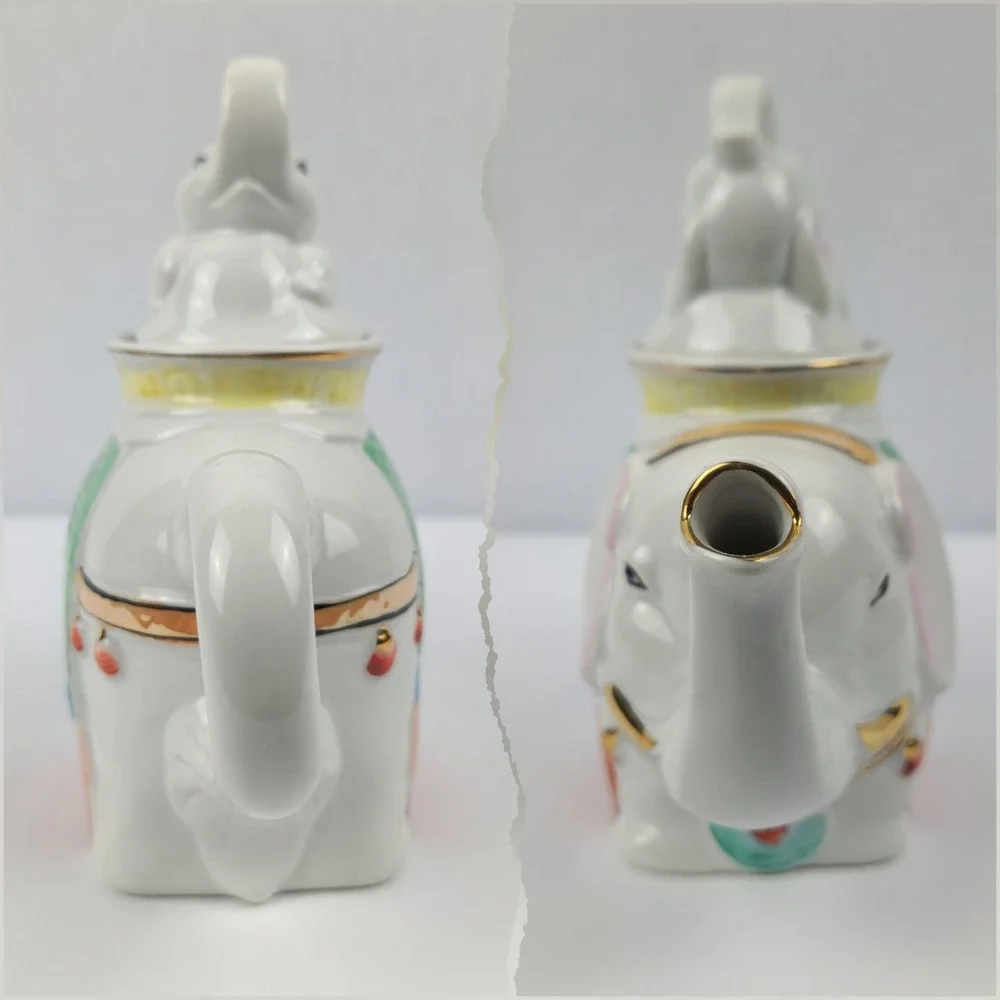 Vintage Elephant Teapot Porcelain Japan Gold Gilt Figural Tea Pot White Elephant